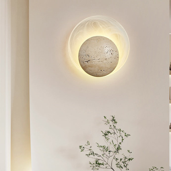 Traditional Japanese Stone Glass Round LED Wall Sconce Lamp