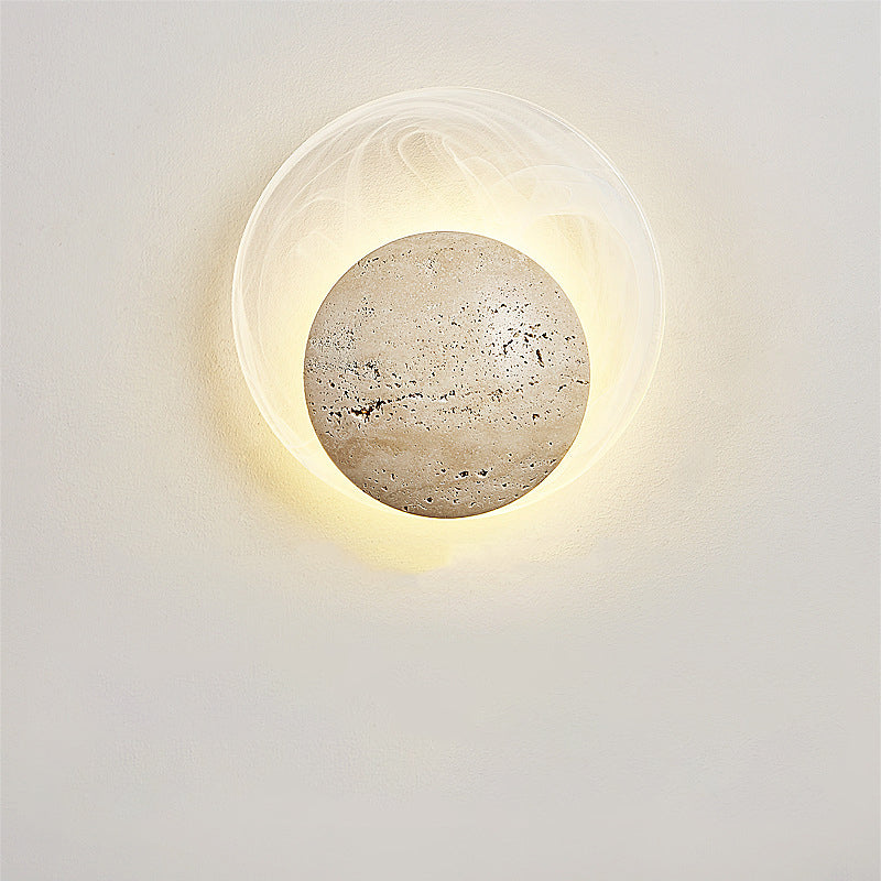 Traditional Japanese Stone Glass Round LED Wall Sconce Lamp