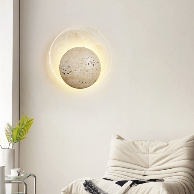 Traditional Japanese Stone Glass Round LED Wall Sconce Lamp