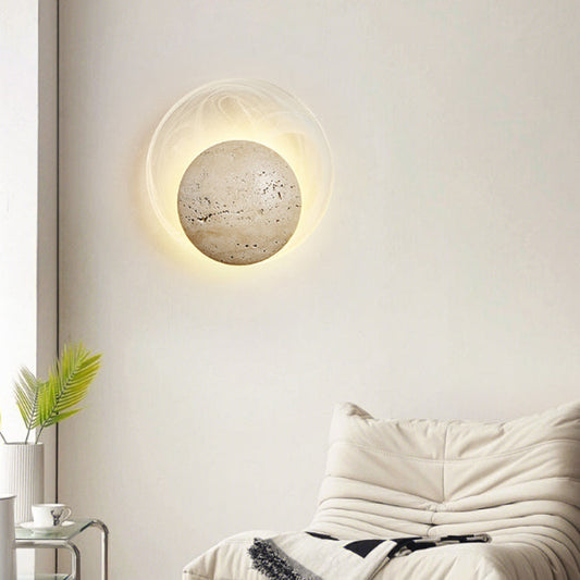 Traditional Japanese Stone Glass Round LED Wall Sconce Lamp