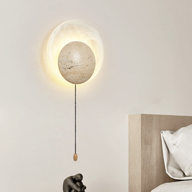 Traditional Japanese Stone Glass Round LED Wall Sconce Lamp
