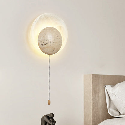 Traditional Japanese Stone Glass Round LED Wall Sconce Lamp