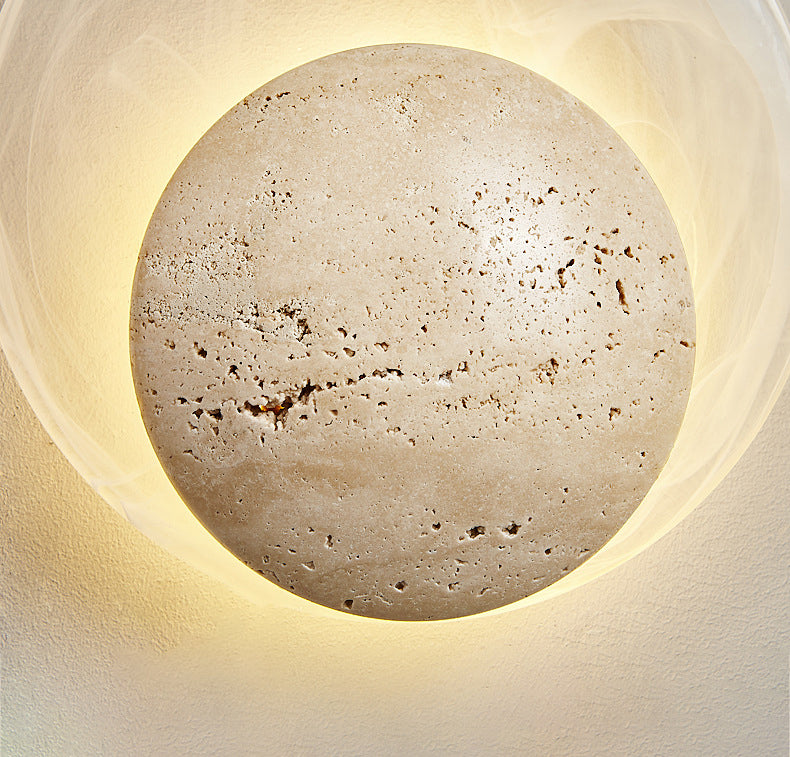 Traditional Japanese Stone Glass Round LED Wall Sconce Lamp