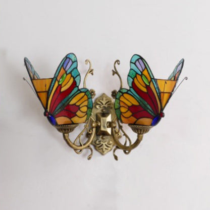 Tiffany Iron Butterfly-shaped 2-Light Wall Sconce Lamp