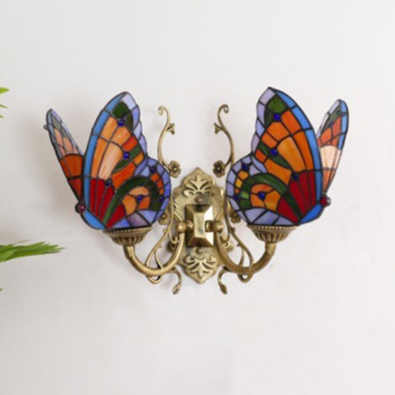 Tiffany Iron Butterfly-shaped 2-Light Wall Sconce Lamp