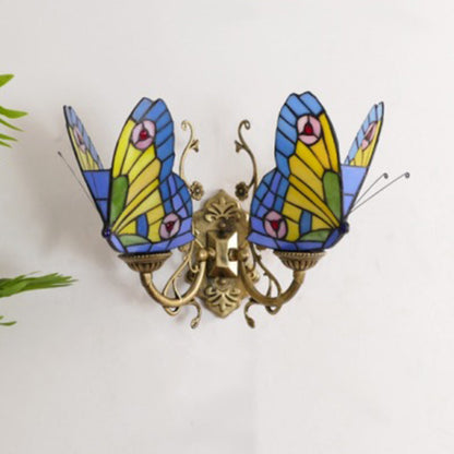 Tiffany Iron Butterfly-shaped 2-Light Wall Sconce Lamp