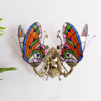 Tiffany Iron Butterfly-shaped 2-Light Wall Sconce Lamp