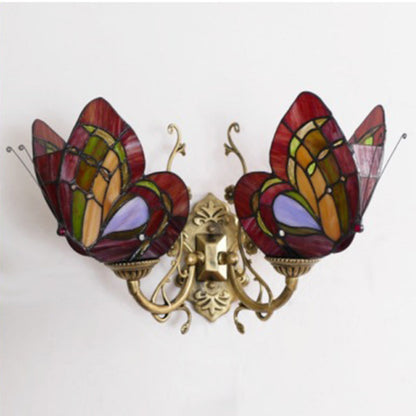 Tiffany Iron Butterfly-shaped 2-Light Wall Sconce Lamp