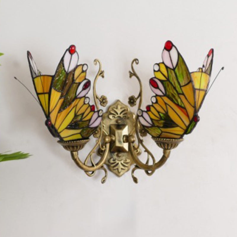 Tiffany Iron Butterfly-shaped 2-Light Wall Sconce Lamp