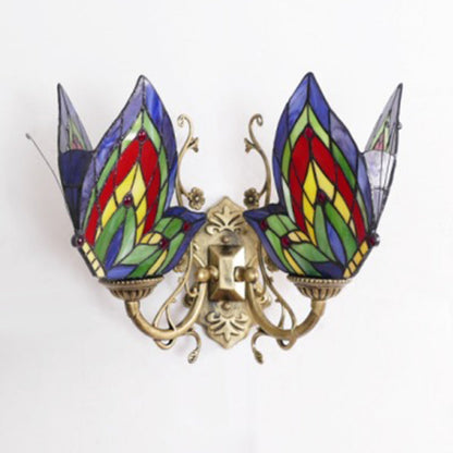 Tiffany Iron Butterfly-shaped 2-Light Wall Sconce Lamp