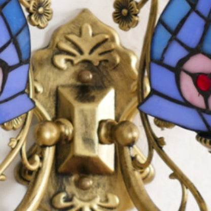 Tiffany Iron Butterfly-shaped 2-Light Wall Sconce Lamp