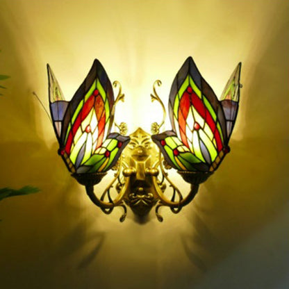 Tiffany Iron Butterfly-shaped 2-Light Wall Sconce Lamp