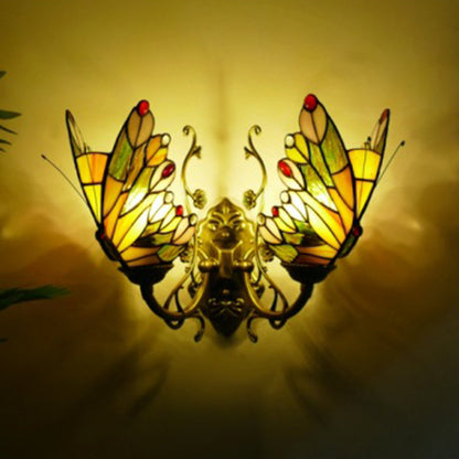 Tiffany Iron Butterfly-shaped 2-Light Wall Sconce Lamp