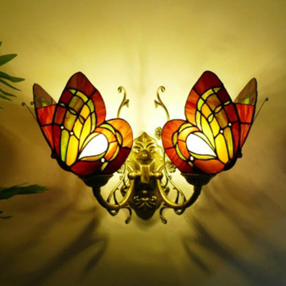 Tiffany Iron Butterfly-shaped 2-Light Wall Sconce Lamp