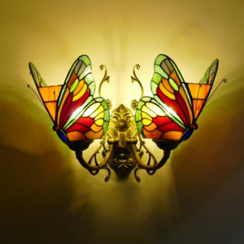 Tiffany Iron Butterfly-shaped 2-Light Wall Sconce Lamp