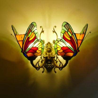 Tiffany Iron Butterfly-shaped 2-Light Wall Sconce Lamp