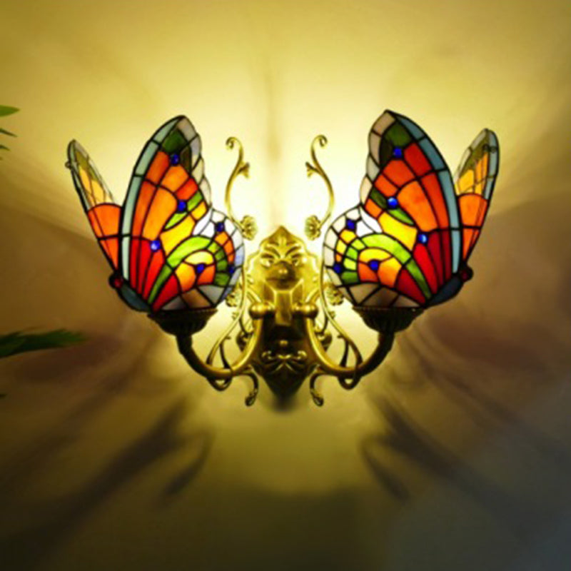 Tiffany Iron Butterfly-shaped 2-Light Wall Sconce Lamp