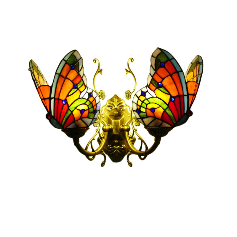 Tiffany Iron Butterfly-shaped 2-Light Wall Sconce Lamp