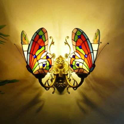 Tiffany Iron Butterfly-shaped 2-Light Wall Sconce Lamp