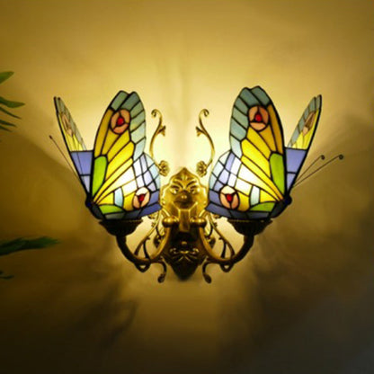 Tiffany Iron Butterfly-shaped 2-Light Wall Sconce Lamp