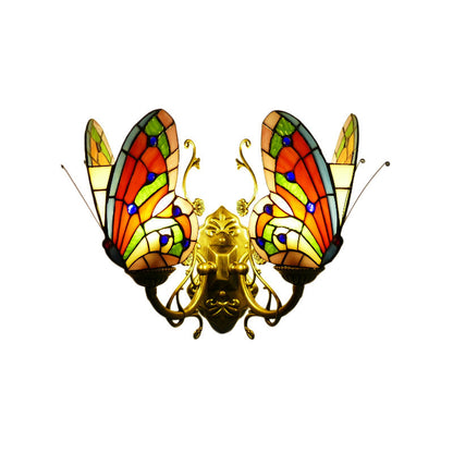 Tiffany Iron Butterfly-shaped 2-Light Wall Sconce Lamp