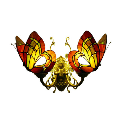 Tiffany Iron Butterfly-shaped 2-Light Wall Sconce Lamp