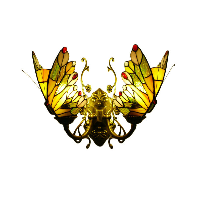 Tiffany Iron Butterfly-shaped 2-Light Wall Sconce Lamp