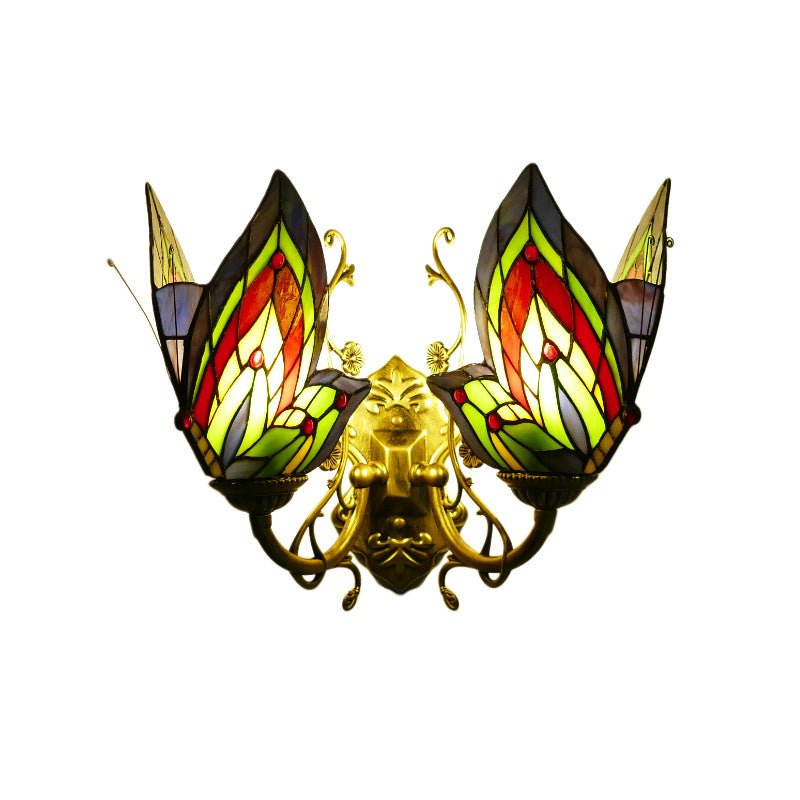Tiffany Iron Butterfly-shaped 2-Light Wall Sconce Lamp