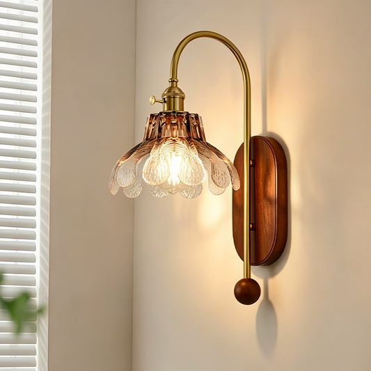 French Wood Glass Shade Flower 1-Light Wall Sconce Lamp