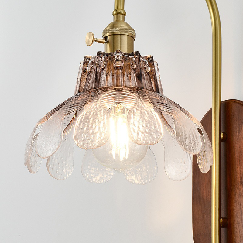 French Wood Glass Shade Flower 1-Light Wall Sconce Lamp