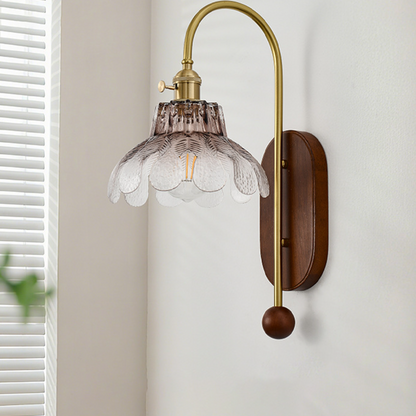French Wood Glass Shade Flower 1-Light Wall Sconce Lamp