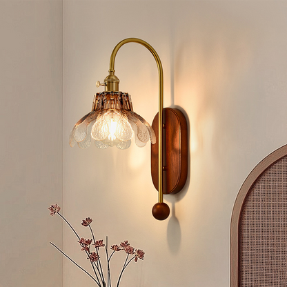 French Wood Glass Shade Flower 1-Light Wall Sconce Lamp