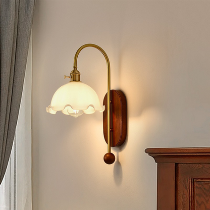 French Wood Glass Shade Flower 1-Light Wall Sconce Lamp