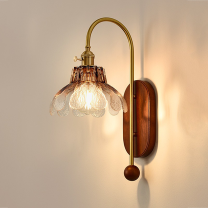 French Wood Glass Shade Flower 1-Light Wall Sconce Lamp