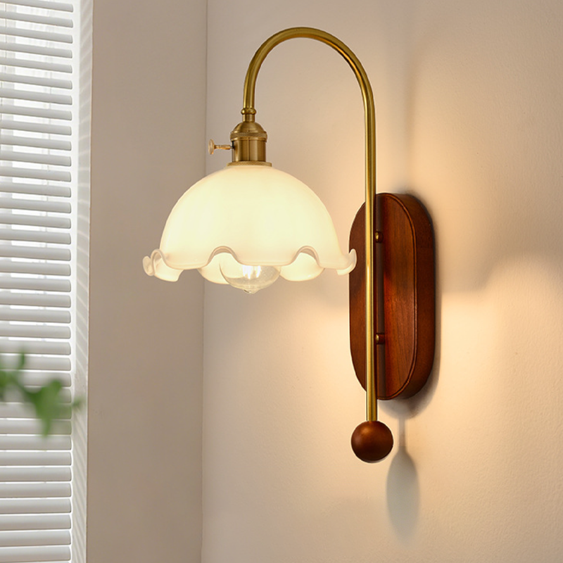 French Wood Glass Shade Flower 1-Light Wall Sconce Lamp