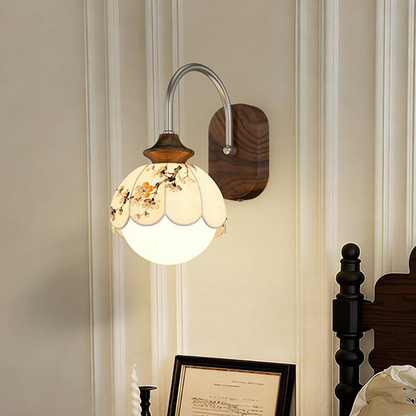 Chinese Print Iron Fabric Round 1-Light Wall Sconce Lamp