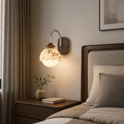 Chinese Print Iron Fabric Round 1-Light Wall Sconce Lamp