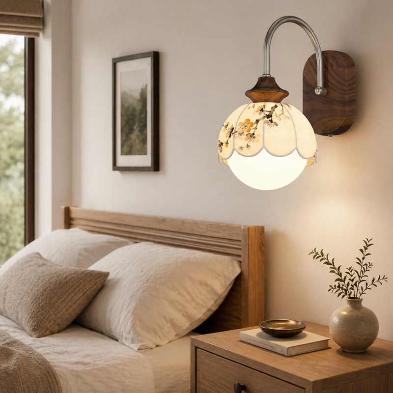 Chinese Print Iron Fabric Round 1-Light Wall Sconce Lamp