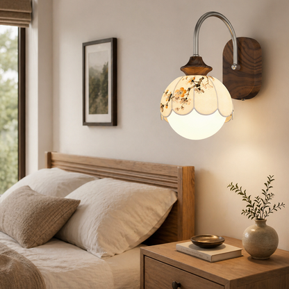 Chinese Print Iron Fabric Round 1-Light Wall Sconce Lamp