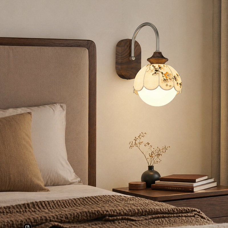 Chinese Print Iron Fabric Round 1-Light Wall Sconce Lamp