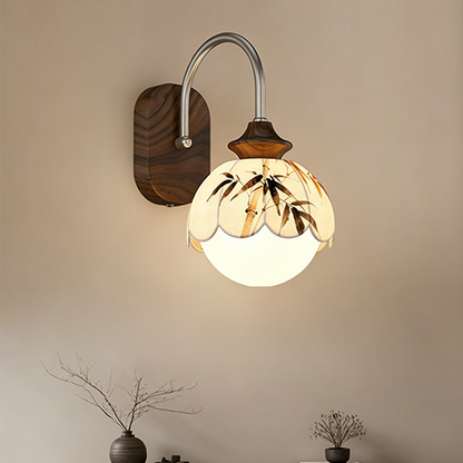 Chinese Print Iron Fabric Round 1-Light Wall Sconce Lamp