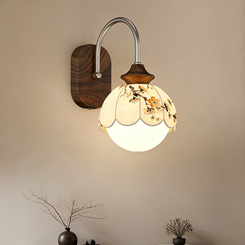 Chinese Print Iron Fabric Round 1-Light Wall Sconce Lamp