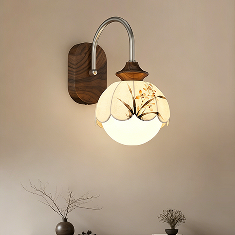Chinese Print Iron Fabric Round 1-Light Wall Sconce Lamp