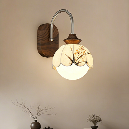 Chinese Print Iron Fabric Round 1-Light Wall Sconce Lamp