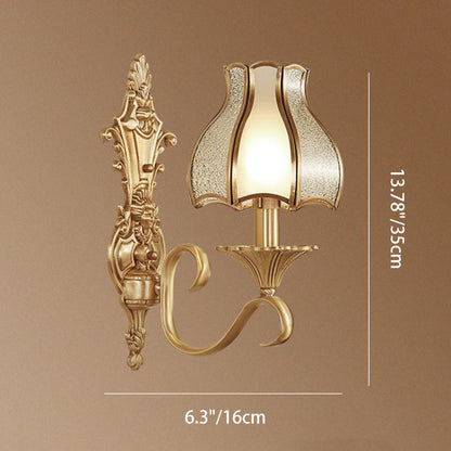 Brass Glass Carved Pattern 1/2 Light Wall Sconce Lamp