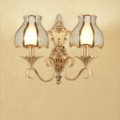 Brass Glass Carved Pattern 1/2 Light Wall Sconce Lamp