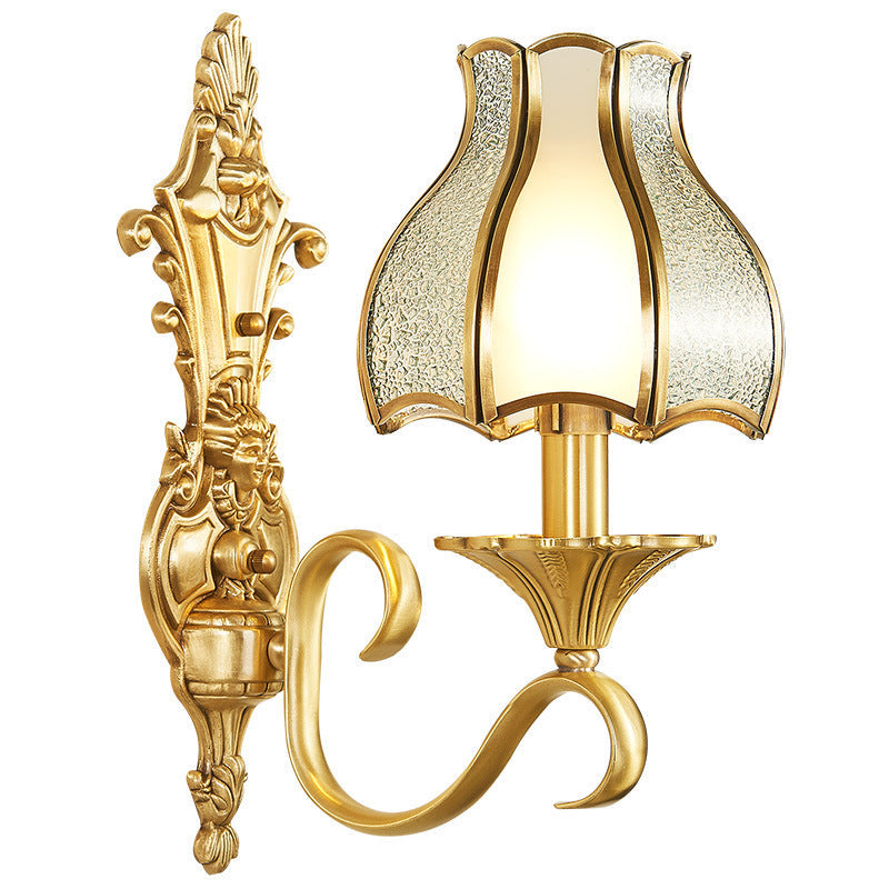Brass Glass Carved Pattern 1/2 Light Wall Sconce Lamp