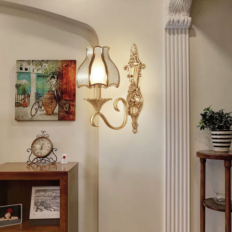 Brass Glass Carved Pattern 1/2 Light Wall Sconce Lamp