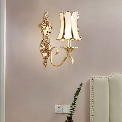 Brass Glass Carved Pattern 1/2 Light Wall Sconce Lamp