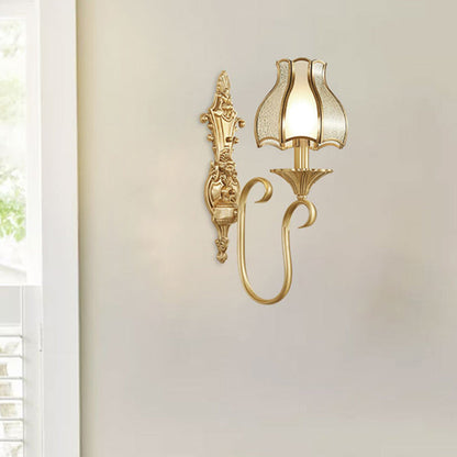 Brass Glass Carved Pattern 1/2 Light Wall Sconce Lamp